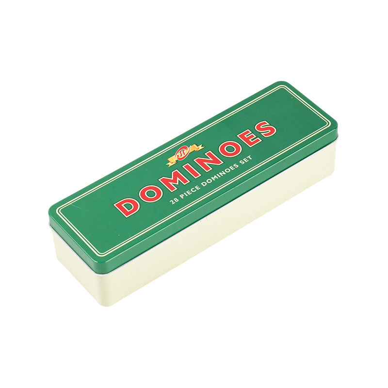Klassisk dobbelt seks domino med grøn og hvid jernboks